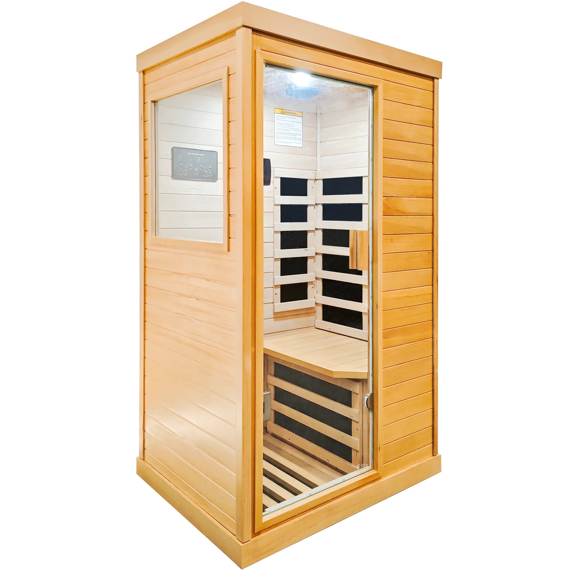 Angled view of the exact sauna cabin