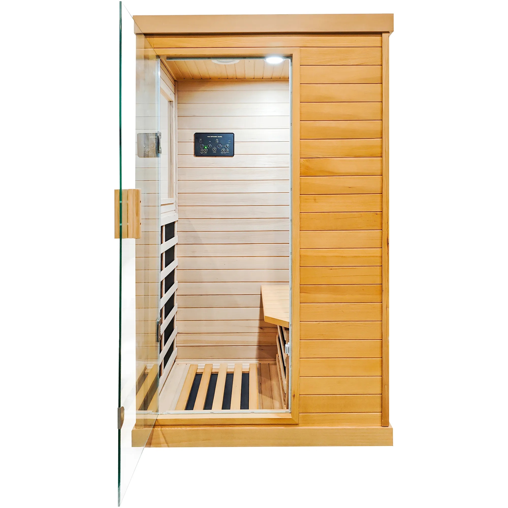 Open sauna interior with heating plates and bench